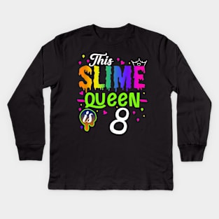 Kids This Slime Queen Is 8 Girl 8th Birthday Party Squad Outfit Kids Long Sleeve T-Shirt